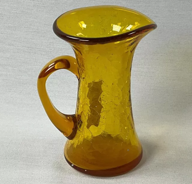 Amber Hand Blown Crackle Glass Pitchers Vase w/ Applied Handles Vintage MCM