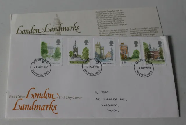 GB Post Office First Day Cover - London Landmarks, 1980 - Skegness Postmark