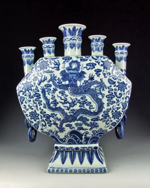 Chinese Antique BlueWhite Porcelain Flat Vase flower receptacle with Dragon Deco