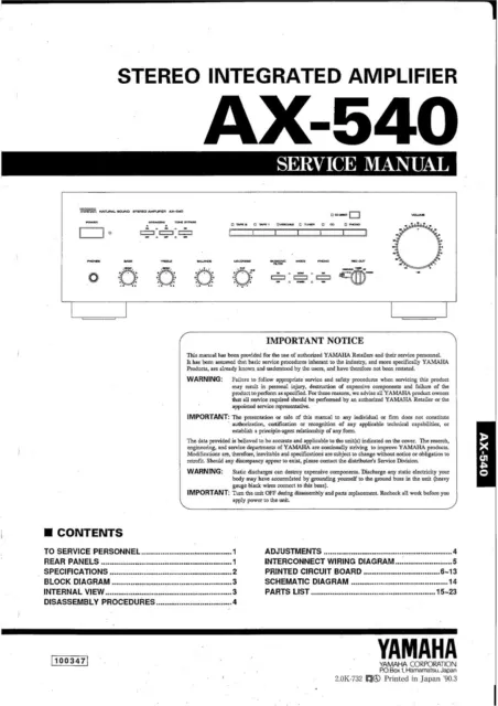 Service Manuel D'Instructions pour Yamaha AX-540