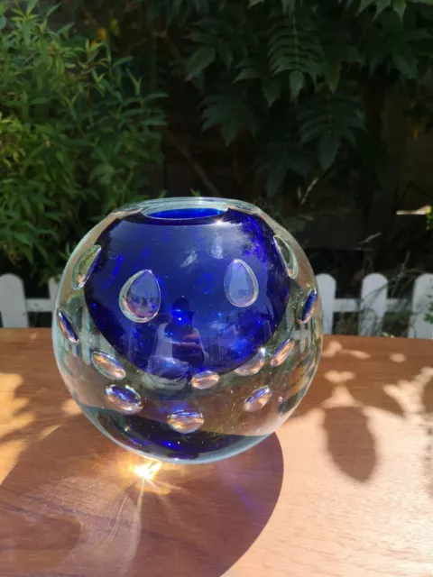 Vintage Sommerso Art Glass Blue & Clear Bubble Vase 1960-1970s Czech Glass