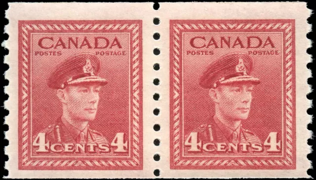 Canada Mint NH F-VF 4c Scott #281 Coil Pair 1948 War Issue Stamps