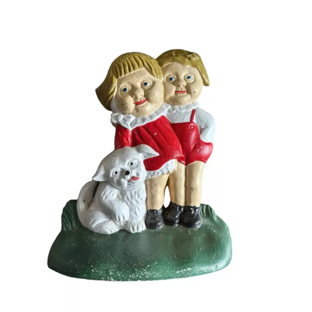 Large Vintage Cast Iron Door Stop - Little Boy & Girl with White Puppy - 8 Inche