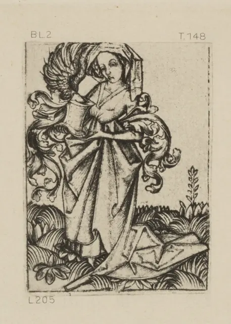 Secondo monogramma MASTER ES (*1450), donna con vaso. Reichssdruck, Repro medioevo