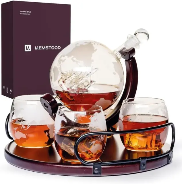 Whiskey Decanter Sets for Men - Etched World Globe Design with Wooden Base & 4 G