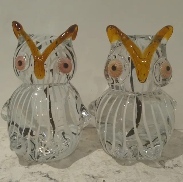 Murano Style Art Glass 5.5" Owl  Sculpture PAIR (2 Owls) Lots Bubbles EUC