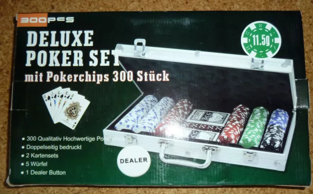 Poker Spiel, Poker Set Deluxe, 300 Chips, Karten, Würfel, im Polsterkoffer - Neu