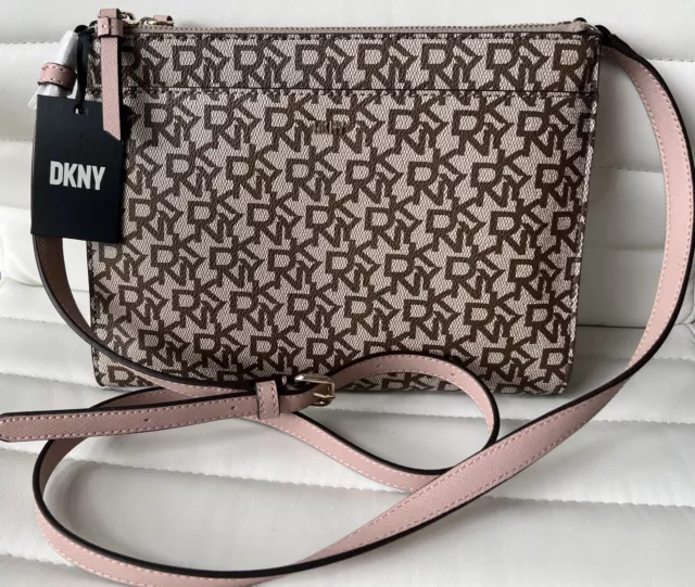 DKNY Bryant Park Top Zip Crossbody Bag Pink Beige & Brown Logo Chain  MSRP $160