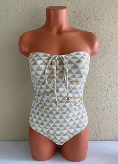 Shoshanna Womens Bandeau One Piece Swimsuit White/Gold Size 6