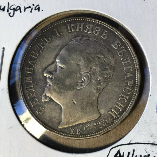 1892-KB Bulgaria 5 Leva, Ferdinand I Silver Coin AU/UNC Condition