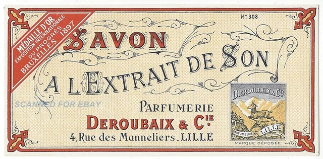 Deroubaix French Perfumed Soap Label Gold 1897 Brussels Exhibition of Progress