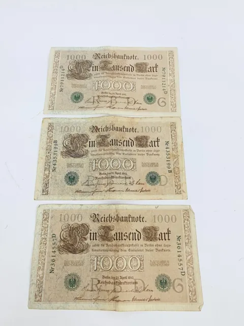 3X 1000 Mark 1910 Reichsbanknote number and stamp green, slightly used