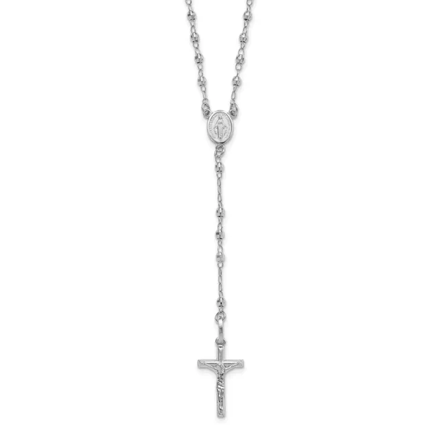 Real 14K White Gold Polished Faceted Beads Rosary 18 inch Necklace; 18 inch