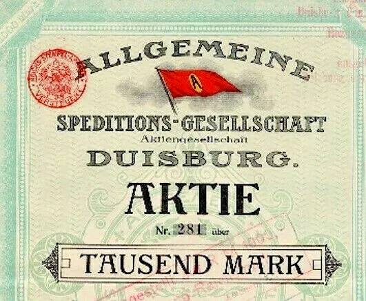 Allgemeine Speditions-Gesellschaft Duisburg Gründeraktie 1910 Rhenania Wincanton