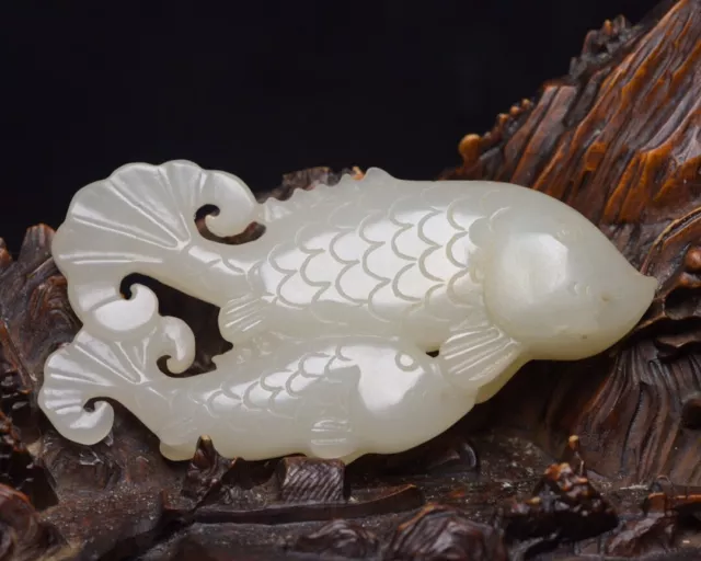 Collection Antiques Chinese Natural Hetian Jade Carved Exquisite Fish Statue Art 2