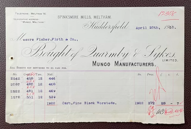 1910 Quarmby & Sykes, Mungo, Spinksmire Mills, Meltham, Huddersfield Invoice