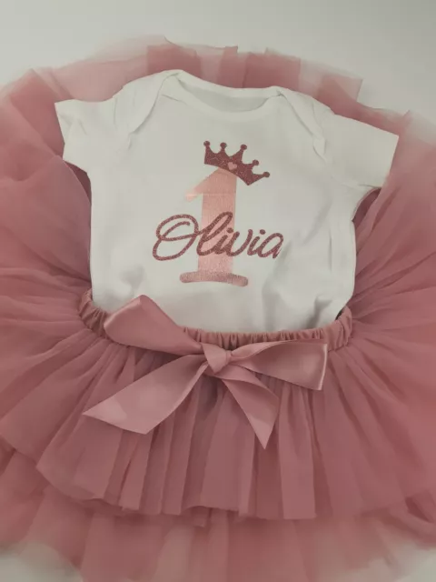 Personalised 1st Baby Girl Birthday Outfit Set Tutu Babygrow Rosegold Glitter