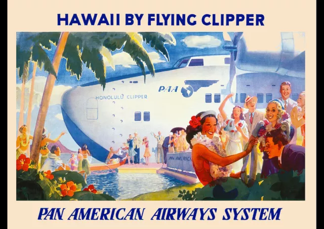 1950s HONOLULU HAWAII FLY BY CLIPPER PAN AM VINTAGE REPRO TRAVEL AD PRINT POSTER