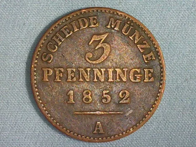 1852-A Germany Prussia 3 Pfennig Xf Cond & Nice Patina Free Us/Actual World Ship