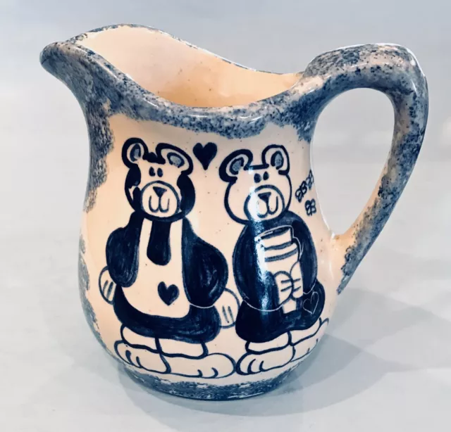 Vtg Hand Thrown Studio Art Pottery Pitcher - CNP 1993 -Blue Spongeware Bears