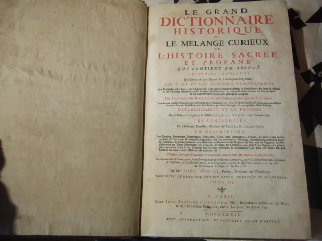 Lot livres ancien, 1732,  1 très grand Volume, Dictionnaire Historique, Moreri,