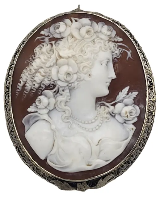 VICTORIAN Solid 14k White Gold / Carved Shell Cameo Ladies Brooch Pin Pendant