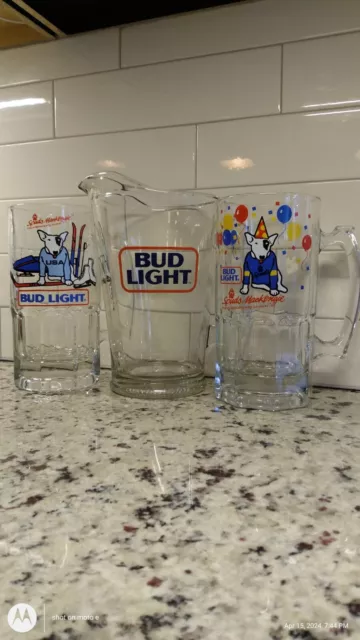 BEER PITCHER  Bud Light Beer Pitcher Glass Large   2 Spuds Mackenzie mugs PARTY!