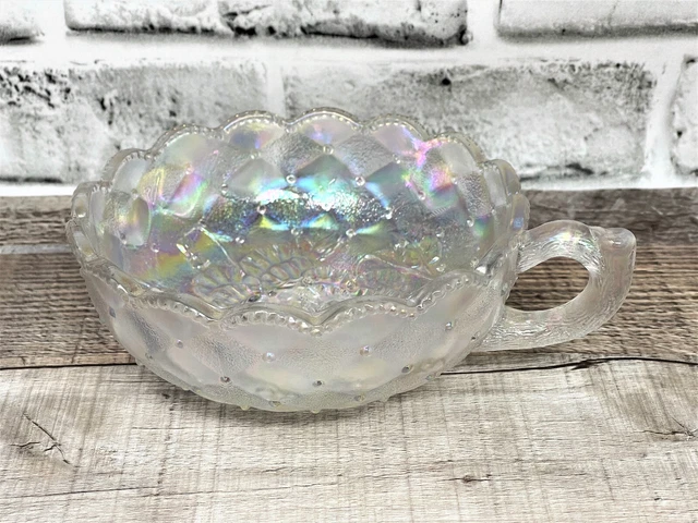 Vintage Clear Iridescent Carnival Glass Footed Tufted Floral Bowl Mug w/ Handle