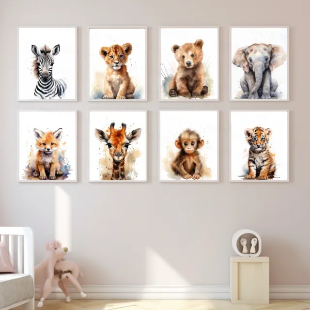 Watercolour Safari Zoo Animals Wall Art Prints Nursery Kids Bedroom Home Decor