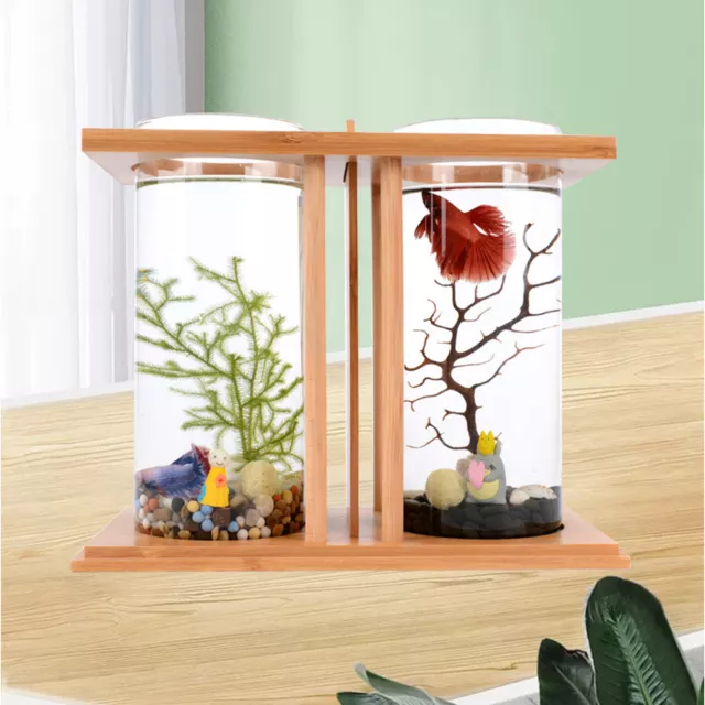 Dual Glass Betta Goldfish Mini Fish Tank Bamboo Base Fish Bowl Home Decoration