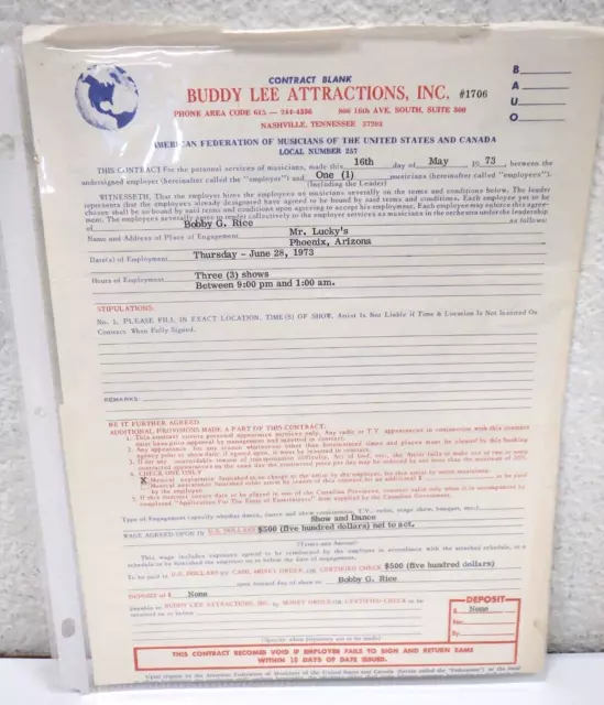 Bobby G. Rice Signed Autograph Show Contract 1973 Phoenix AZ Mr Lucky's Country