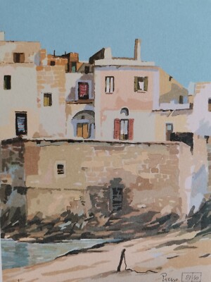 ALDO RISO LITOGRAFIA FIRMATA CASTRO  barche marina puglia borgo castello 