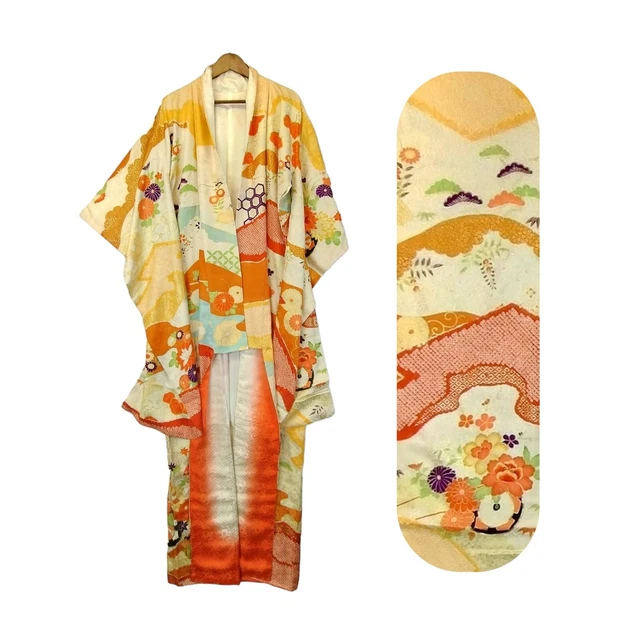 Vintage Japanese Furisode Kimono Custom Hand Made Embroidered Golden Paint Robe