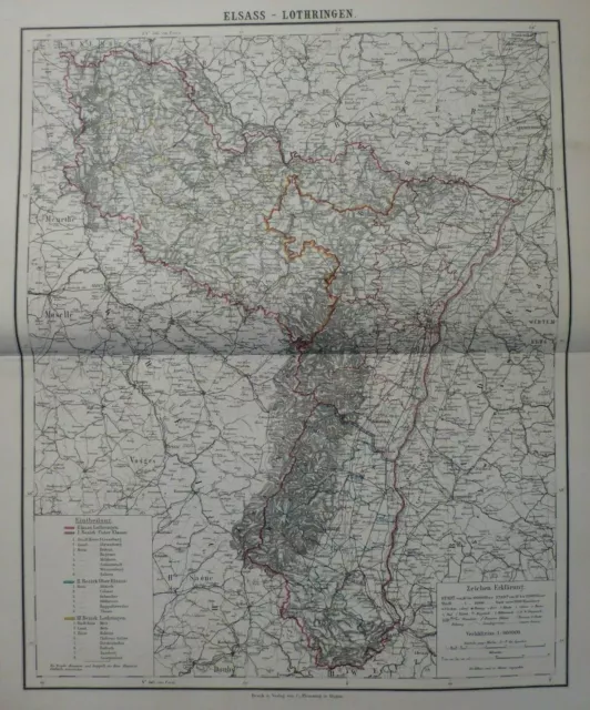 Landkarte Elsass-Lothringen, Strassburg, Sohr-Berghaus Glogau 1884 Flemming