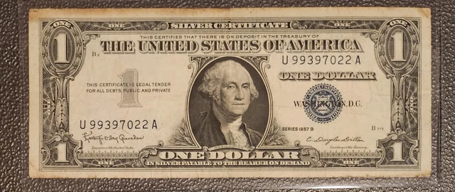 1957 B One Dollar - Circulated 1$ Silver Certificate Note with Protective Sleeve