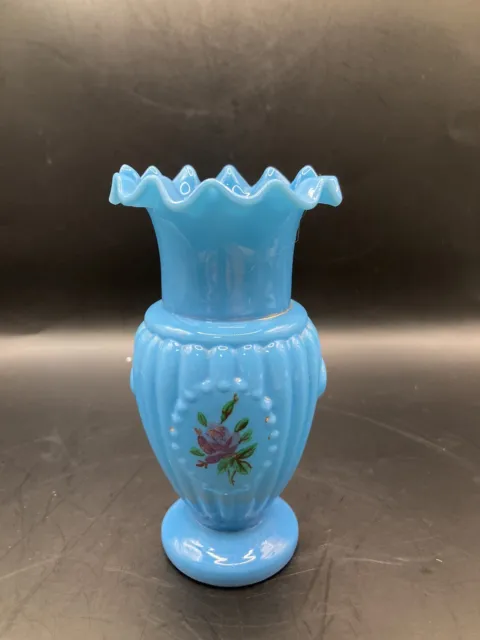 Vintage Blue Opaline Glass Vase Hand Painted 5” Fluted Rim