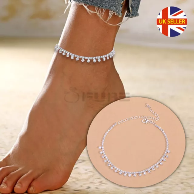 New Adjustable Ankle Tennis Bracelet Sterling Silver Anklet Foot Chain UK Seller