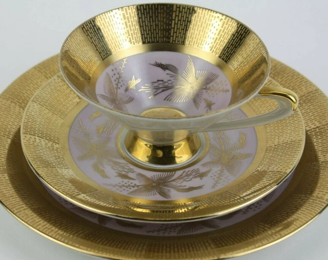Elfenbein Porzellan Teacup Saucer Plate Trio Gold Pink Bavaria Art Deco Tea Cup