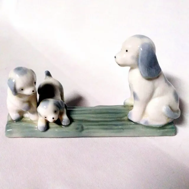 Vintage Porcelain Dog Figurine, 3 Dogs - Mom & Two Pups, White Blue Green, Japan