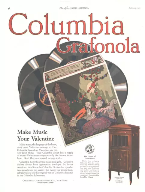 1921 Columbia Grafonola Antique Print Ad Make Music Your Valentine Records