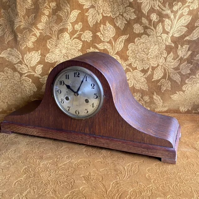 Antique Large Fully Working Art Deco Napoleon Hat Mantle Clock Brass Wood Convex