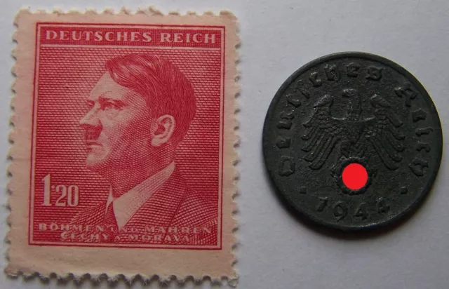 Reichspfennig Münze + Briefmarke - Adolf Hitler - Deutsches Reich