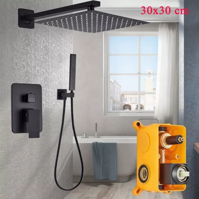 Black Concealed Bathroom Shower Mixer Set 30cm Rain Head Square Valve System