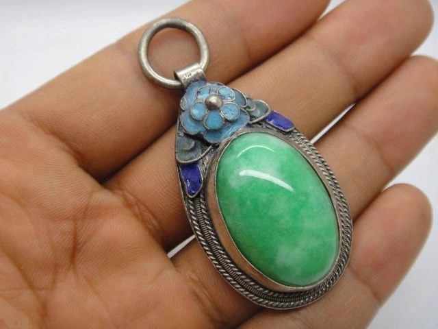 China tibet-silver inlay Natural  jade enamel Cloisonne blue Flower Pendant