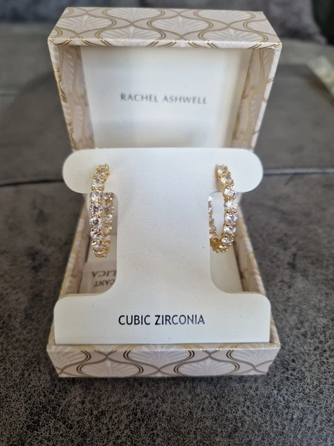 RACHEL ASHWELL GOLD Colour Zirconia Hoop Earrings New In Box