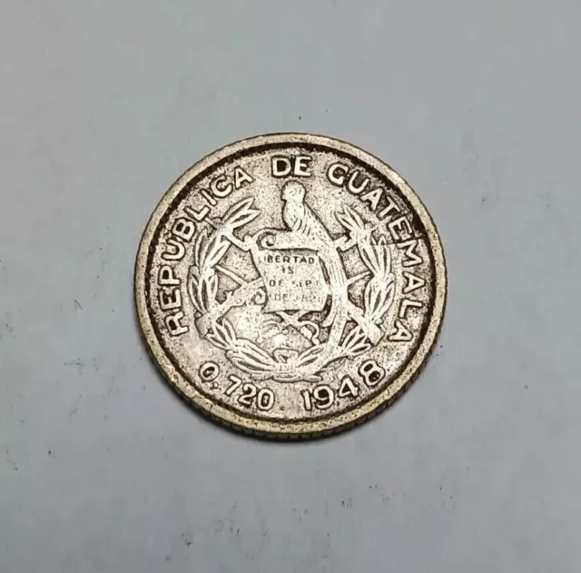 1948 Guatemala 5 Centavos - Silver - Better Date! - Long Bird's Tail Variety