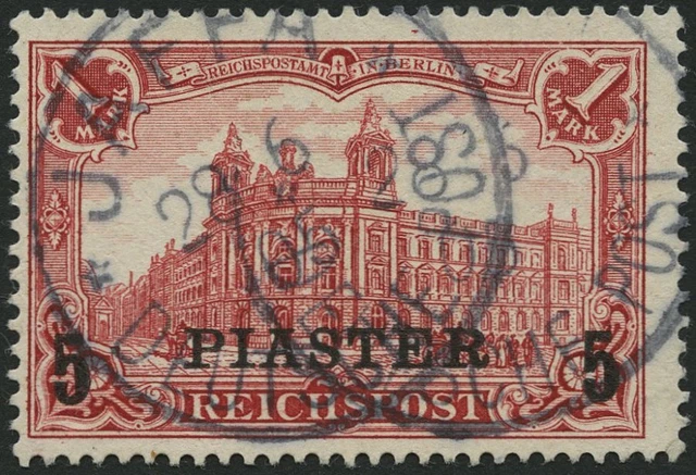 DP TÜRKEI 20II o, 1903, 5 PIA. auf 1 M., Aufdruck Type II, Stempel JAFFA, gepr.