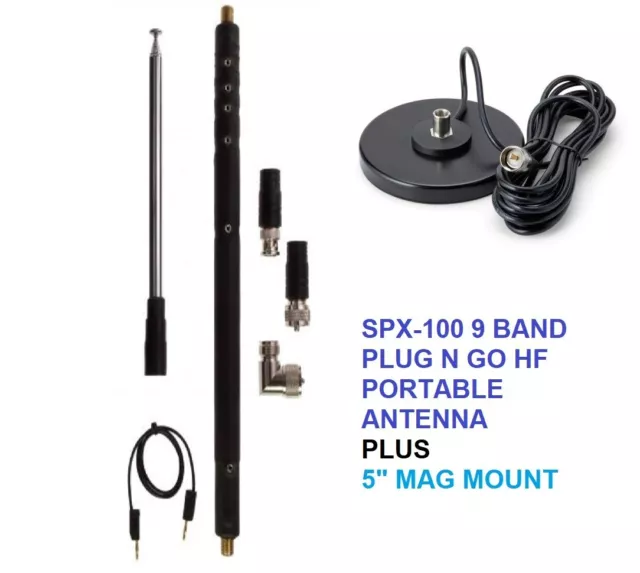 Spx 100 9 Band Plug N Go Hf Portable Mobile Antenna + 5" 3/8 Mag Mount