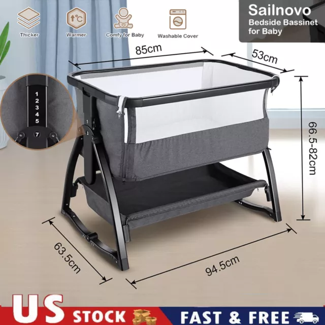 3 in 1 Baby Bassinets Bedside Sleeper Bedside Crib +Storage Basket& Swing Mode[