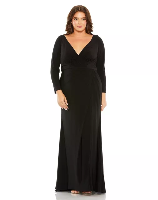 Mac Duggal 68442 Long Sleeve V-Neck Faux Wrap Gown Black Size 14W